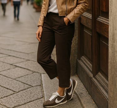 Woman standing on a European cobblestone street in a beige leather jacket, white tee, and dark trous