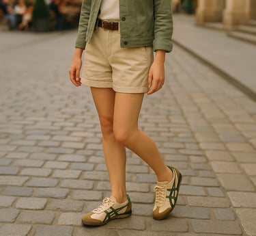 Pair of Onitsuka Tiger sneakers in beige with green stripes, minimalist retro-inspired design, displ