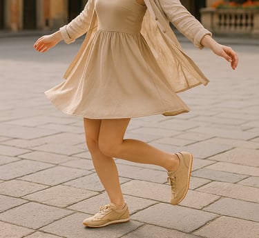 Woman sitting at an outdoor café wearing a sage green dress with beige Project Cloud Raffia sneakers