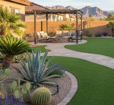 A well-maintained desert backyard features a lush artificial turf lawn, a winding stone path.