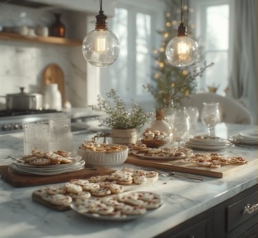 A kitchen island set for entertaining: minimalist glassware, charcuterie boards.