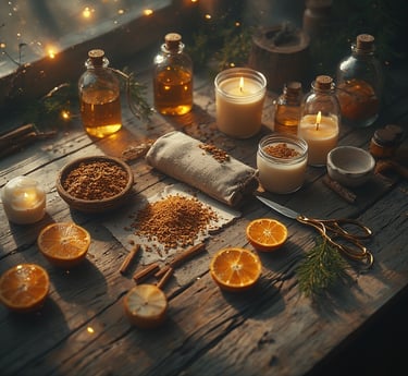 Flat-lay of candle-making supplies on a rustic table with soy wax, amber jars, wicks, essential oils