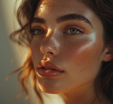 portrait of a Gen Z woman with warm bronzed skin, soft contour, and natural freckles.