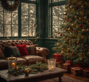 Ralph Lauren–style Christmas living room with tartan sofa and decorated tree.