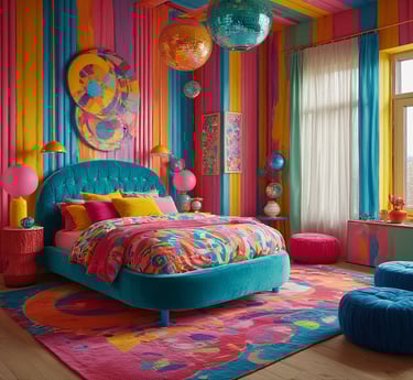 Immersive FunHaus bedroom scene blending bold stripes