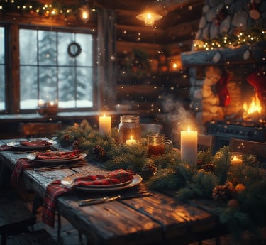 Warm cabin kitchen on a snowy night with a rustic Christmas table set with plaid napkins.