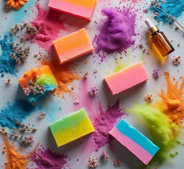 Square editorial flat lay showcasing a vibrant collection of neon handmade soap bars 