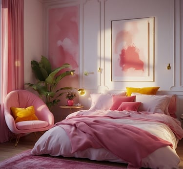Rose pink bedroom aesthetic with modern decor, colorful accents, and soft lighting