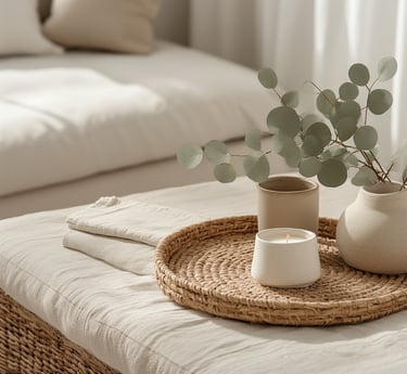 image of an aesthetically organized home vignette: a woven tray on a clean tabletop
