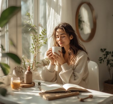 Woman enjoying a calm morning at home with beauty and wellness items on the table.