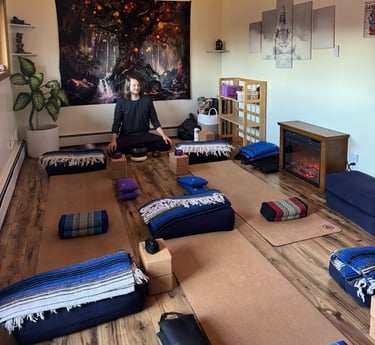 Bhakti House Yoga Studio with Props and Mats Laid Out