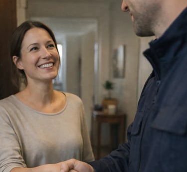 Cliente qui sourit au technicien de La Vie Sans Crotte après le nettoyage d'une cage haute furets