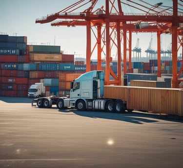 A bright, high-definition photo of a sleek, modern class 8 semi-truck navigating a busy shipping port under clear daylight.