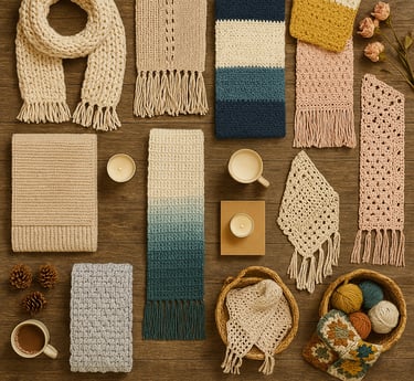 Ten handmade crochet scarves on a wooden surface with yarn, coffee, and cozy details.