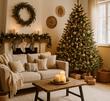 Boho Christmas living room with decorated tree, beige sofa, candles, and cozy natural decor.