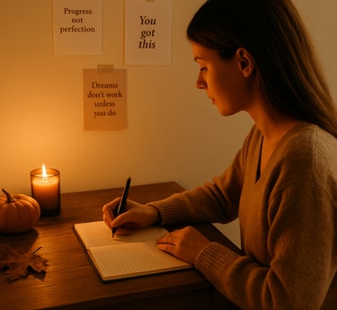 Cozy journaling setup with candle and pumpkin symbolizing self-reflection in October.