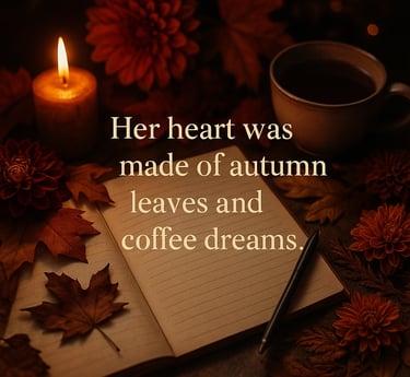 Candlelit autumn flat-lay with an open journal, cup of tea, dried leaves, and flowers
