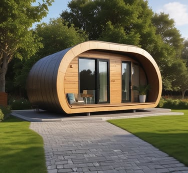A modern modular home surrounded by lush greenery.