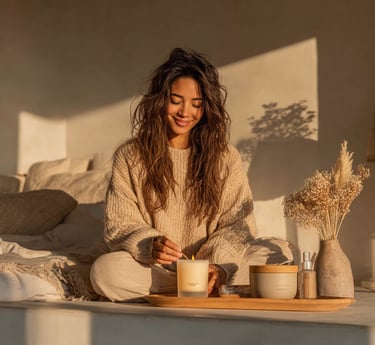 Woman in cozy beige sweater sitting cross-legged on a bed, lighting a candle. Soft sunlight, neutral