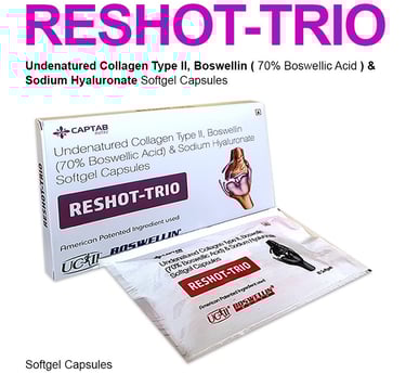 Undenatured Collagen type 2, UC2, Boswelin, Boswellic acid, sodium hyaluronate, Reshot Trio Softgel 