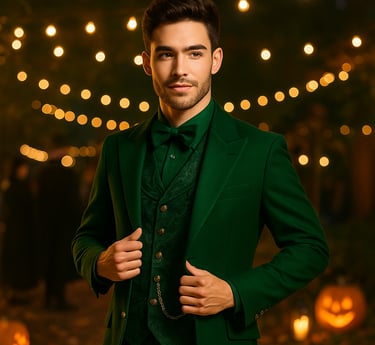 A young man dressed as the Wizard of Oz in an emerald green Victorian tailcoat with gold buttons.