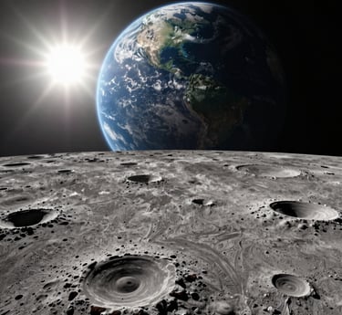 A sleek, dark-themed aerospace facility illuminated by subtle gold lighting, with a backdrop of the moon and South Pole landscapes.