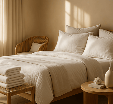 Minimalist beige bedroom with linen bedding, woven rattan furniture, and an essential oil diffuser.