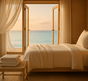Luxury bedroom with white linens and open balcony doors overlooking a sunset ocean view.