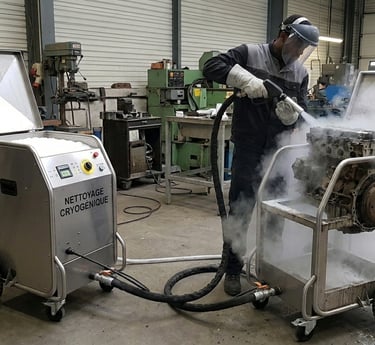 Technician using a dry ice blasting machine for industrial cleaning on a car engine block.