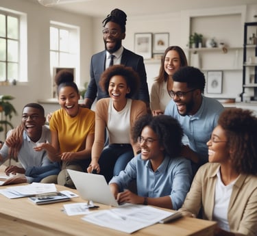 A vibrant photo showing a diverse team collaborating over digital maps and financial charts, symbolizing cross-continental expertise.