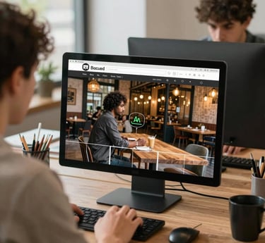 A friendly team collaborating in a bright office, focused on digital marketing strategies.