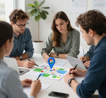 A friendly digital marketing expert working on a laptop with SEO graphs and local business icons around.