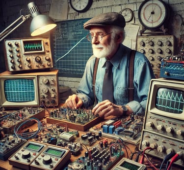 Old man with tools at work bench