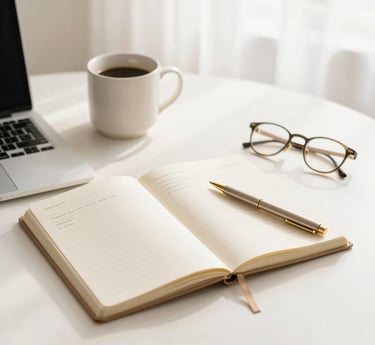 A cozy workspace with a notebook open, a cup of tea, and soft natural light inviting calm and focus.