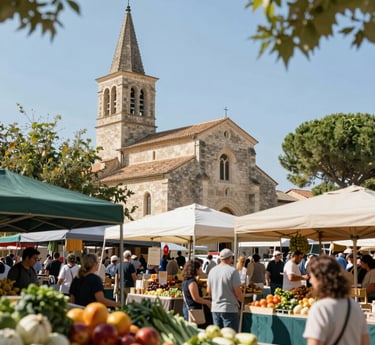 A lively local market scene with colorful stalls and people browsing handcrafted creations.