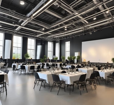 Modern minimalist event setup with neutral tones and blue accents