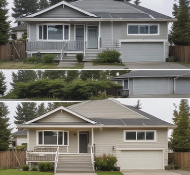 Before and after of a freshly painted Vancouver home exterior in red, blue, and white tones.
