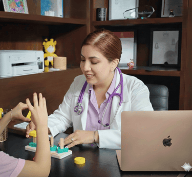 Dra Isis Pediatra con bata blanca utilizando bloques de madera durante una evaluación de un niño