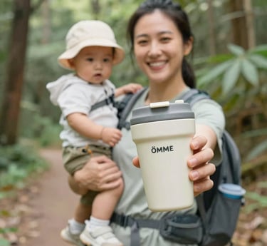 A warm, inviting photo of a mother smiling while holding a steaming cup of ōmme tea in a cozy kitchen setting.
