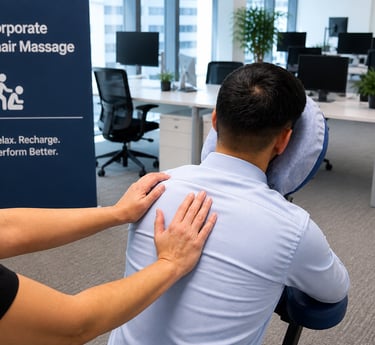 A chair massage being provided in an office environment. Employee in office clothes looks relaxed