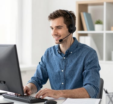 A professional notary conducting a remote online notarization session on a laptop in a modern workspace.