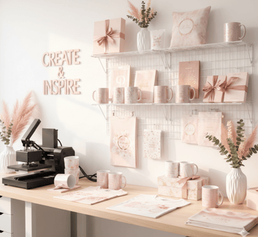 Custom pink merchandise display with heat press machine and personalized gifts in a craft studio.