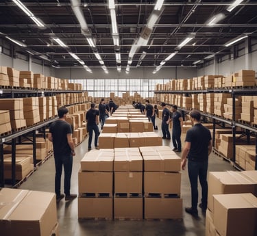 warehouse staff unloading and organizing apparel shipments under bright industrial lighting.