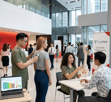 In a corporate office lobby, a couple of chiropractors performing spina screening for the employees