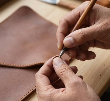 A cozy workshop in Normandy with leather tools and a handmade bag in progress on a wooden table.