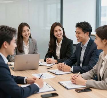 Modern office space with a professional financial advisor discussing options with clients