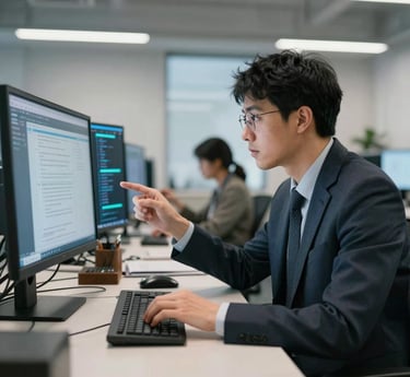 A team of professionals collaborating over futuristic technology screens with orange accents.