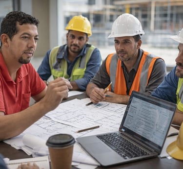 Construction engineers and site managers in hard hats review blueprints and project data on a laptop.