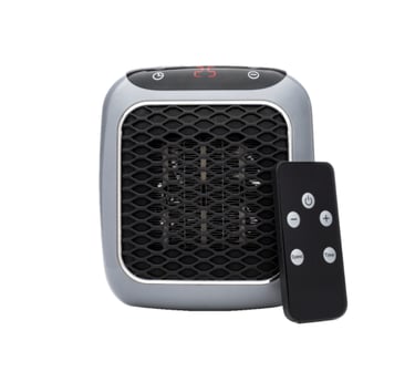 Kompakter tragbarer Mini-Heizlüfter mit digitaler Temperaturanzeige und Fernbedienung.