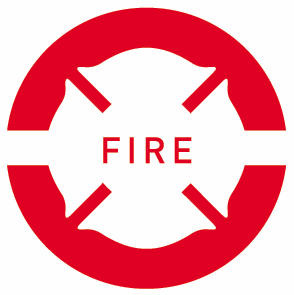 Red circular Maltese cross fire department emblem with the word FIRE centered in white.